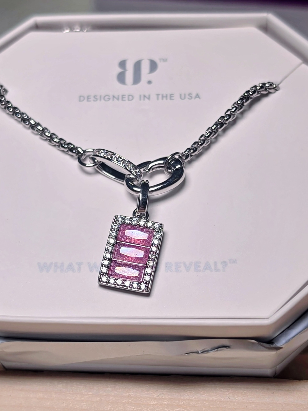 BP Necklace with Pink Rectangular Crystal Pendant